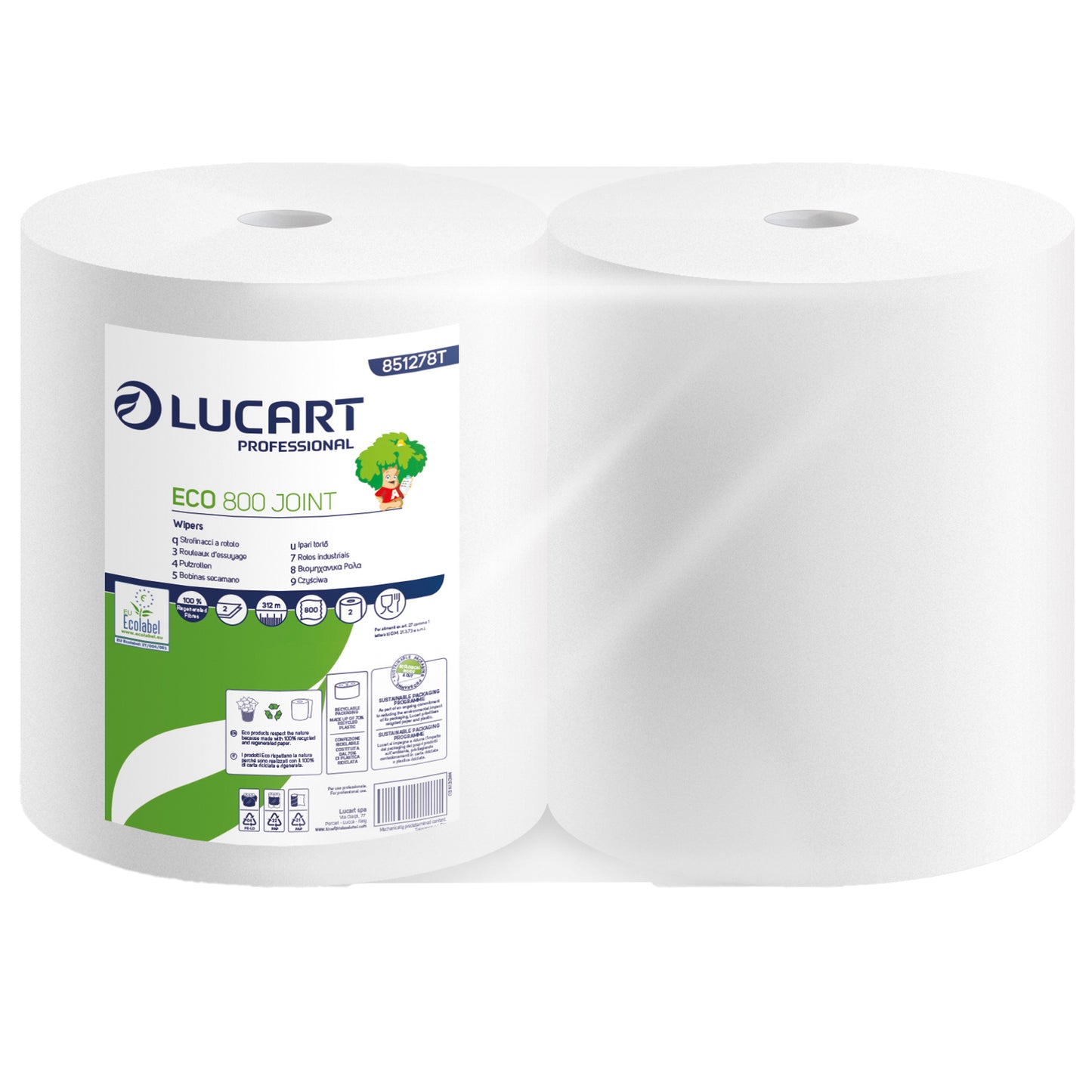 Bobina asciugatutto Eco 800 Joint - 2 veli - 18,5 gr - diametro 26,5 cm - 23,5 cm x 312 m - microgoffrata - carta riciclata - bianco - Lucart