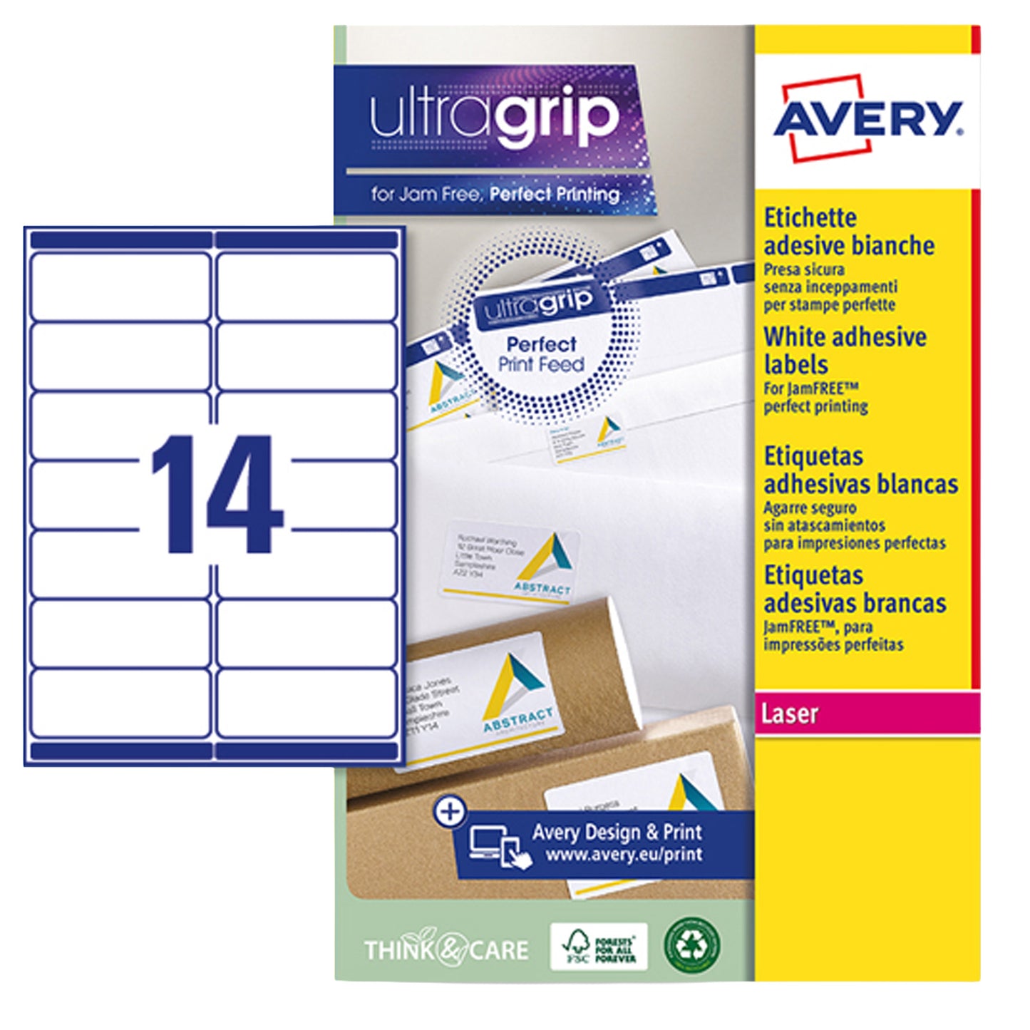 Etichette adesive L7163 - in carta - angoli arrotondati - laser - permanenti - 99,1 x 38,1 mm - 14 et/fg - 15 fogli - bianco - Avery