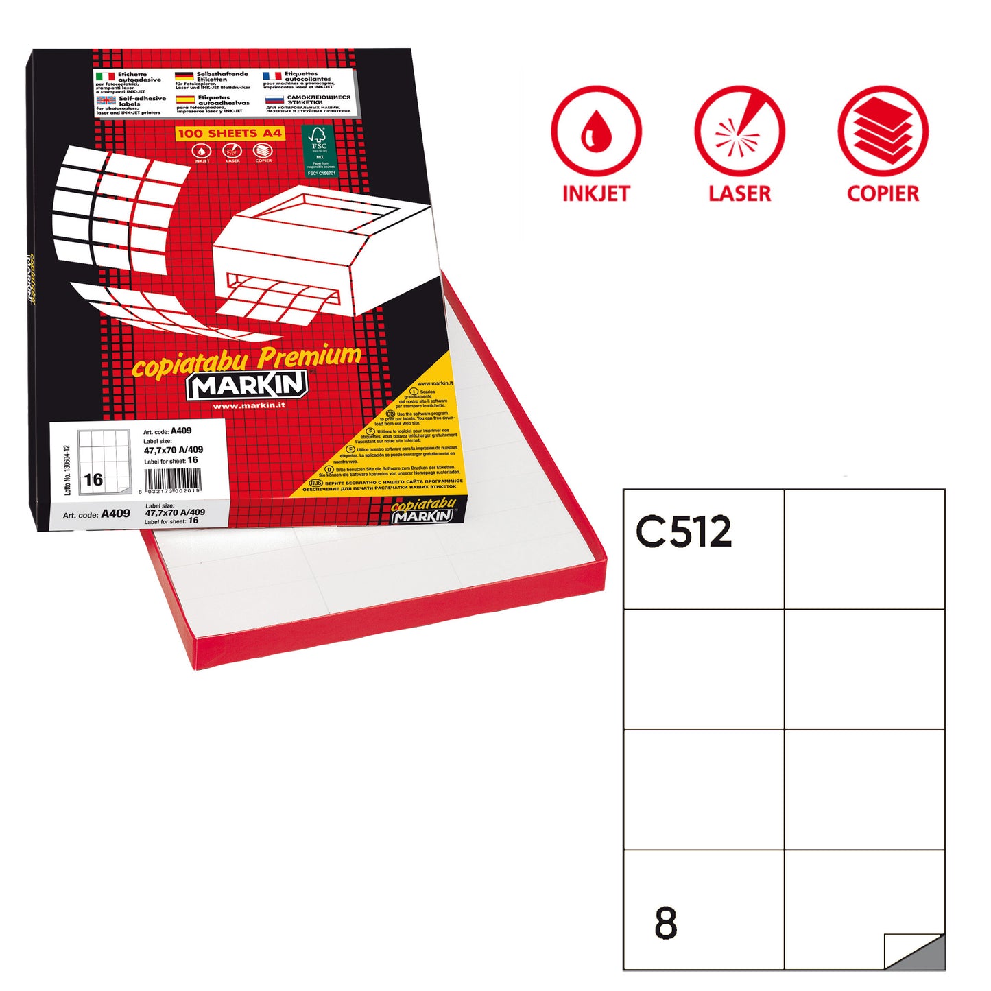 Etichette adesive C/512 - in carta - permanenti - 105 x 74,25 mm - 8 et/fg - 100 fogli - bianco - Markin