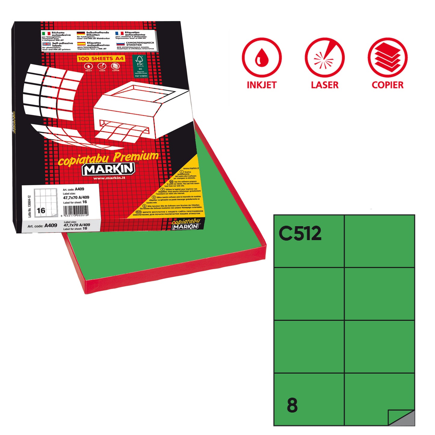 Etichette adesive C/512 - in carta - permanenti - 105 x 74,25 mm - 8 et/fg - 100 fogli - verde - Markin