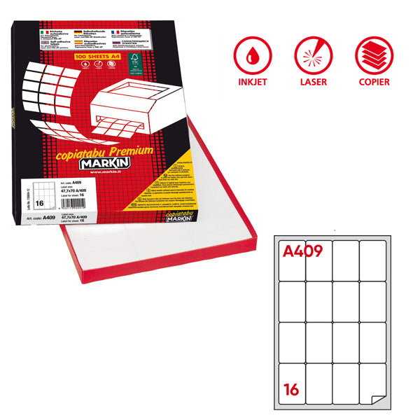 Etichette adesive A/409 - in carta - permanenti - 47,7 x 70 mm - 16 et/fg - 100 fogli - bianco - angoli tondi - Markin