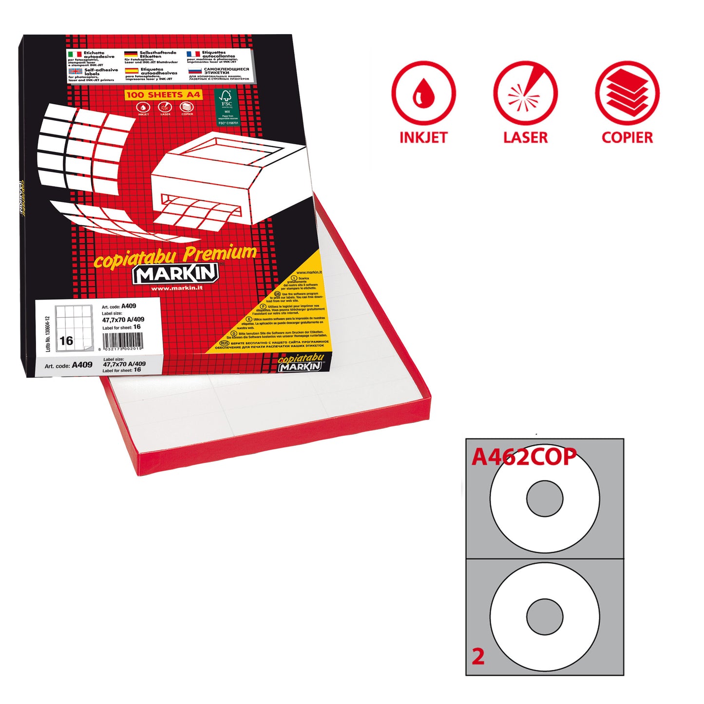 Etichette adesive A/462 - in carta - permanenti - diametro CD 117,5 mm - foro 41 mm - 2 et/fg - 100 fogli - bianco coprente - Markin