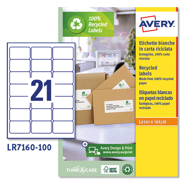Etichette adesive - in carta riciclata - permanenti - 63,5 x 38,1 mm - 21 et/fg - 100 fogli - bianco - Avery