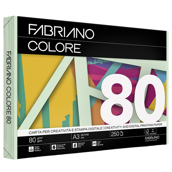Carta Fabriano Colore - A3 - 80 gr - colori tenui verde chiaro - Fabriano - conf. 250 fogli