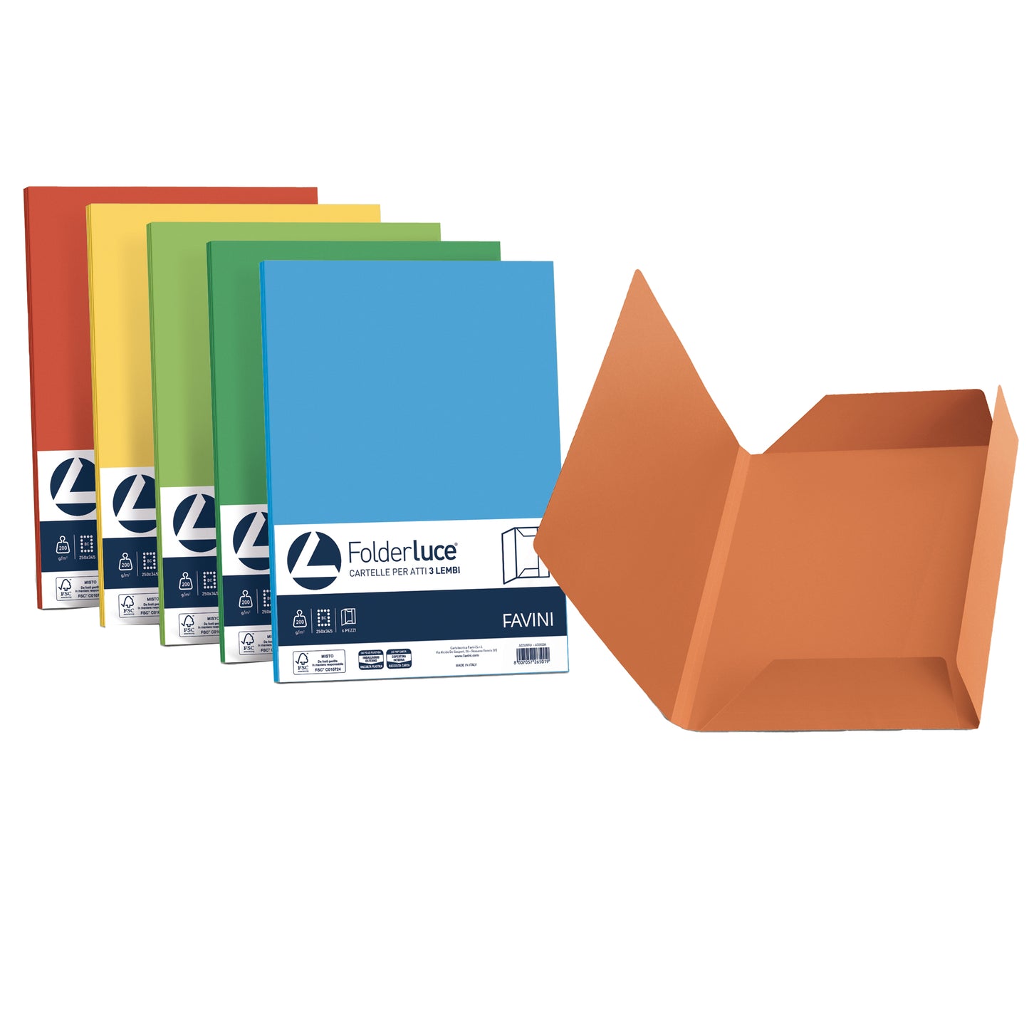 Cartellina 3 lembi Luce - 200 gr - A4 - cartoncino bristol - mix 5 colori - Favini - conf. 25 pezzi