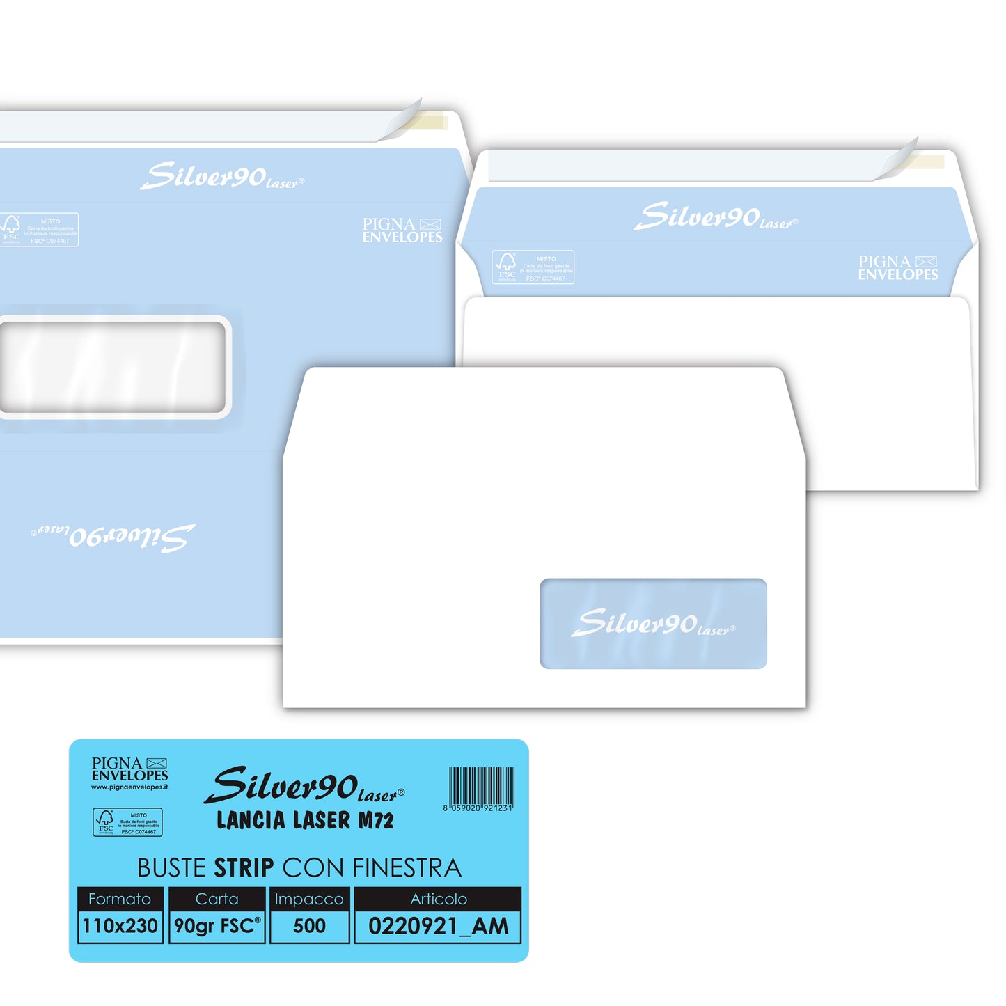 Busta Silver90 Strip Laser FSC - con finestra - internografata - 11 x 23 cm - 90 gr - bianco - Pigna Envelopes - conf. 500 pezzi