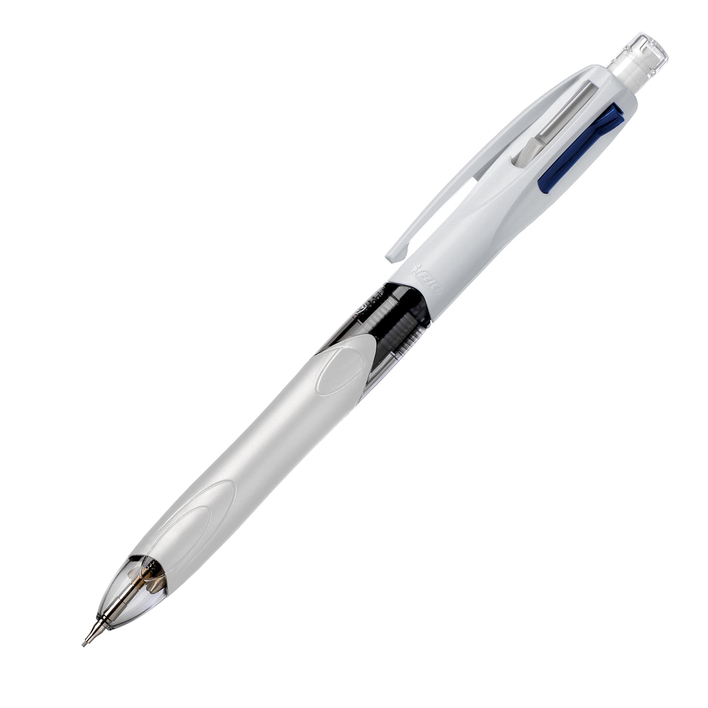 Penna a sfera a scatto multifunzione 4 Colors - con portamine ricaricabile con mine HB da 0,7mm - nero, blu, rosso - fusto grigio - Bic - conf. 12 pezzi