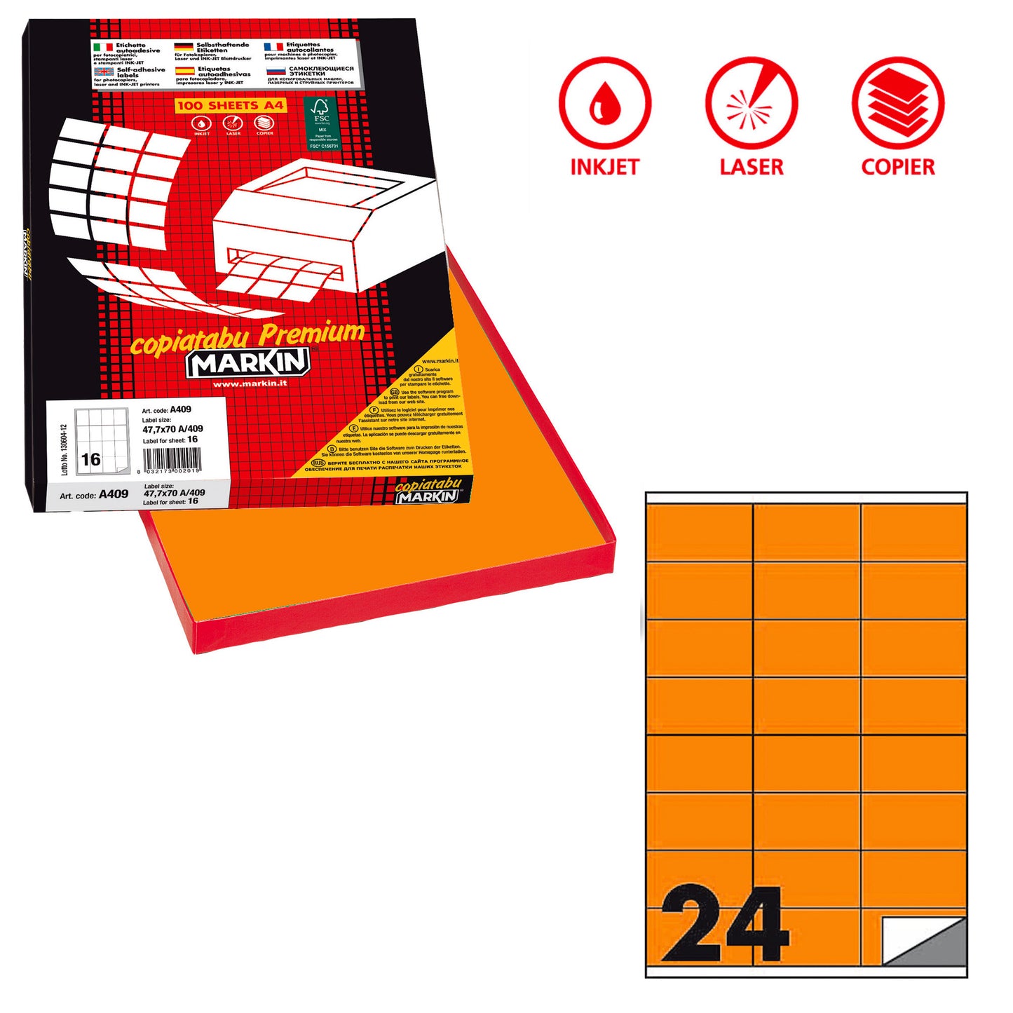 Etichette adesive C/500 - in carta - permanenti - 70 x 36 mm - 24 et/fg - 100 fogli - arancio fluo - Markin