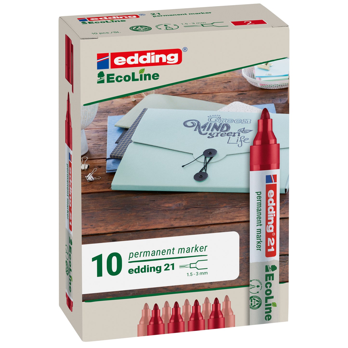 Marcatore permanente 21 Ecoline - punta conica - da 1,5 a 3 mm - rosso - Edding