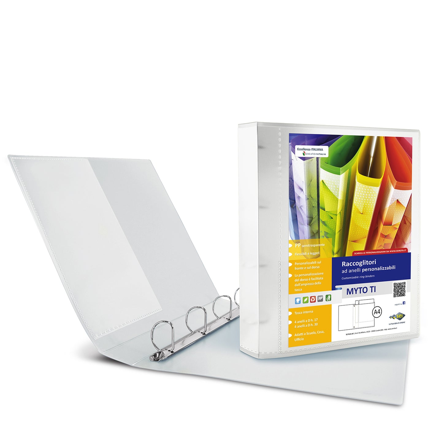 Raccoglitore personalizzabile Myto TI - 22 x 30 cm - 4 anelli a D 30 mm - dorso 4 cm - neutro - Sei Rota