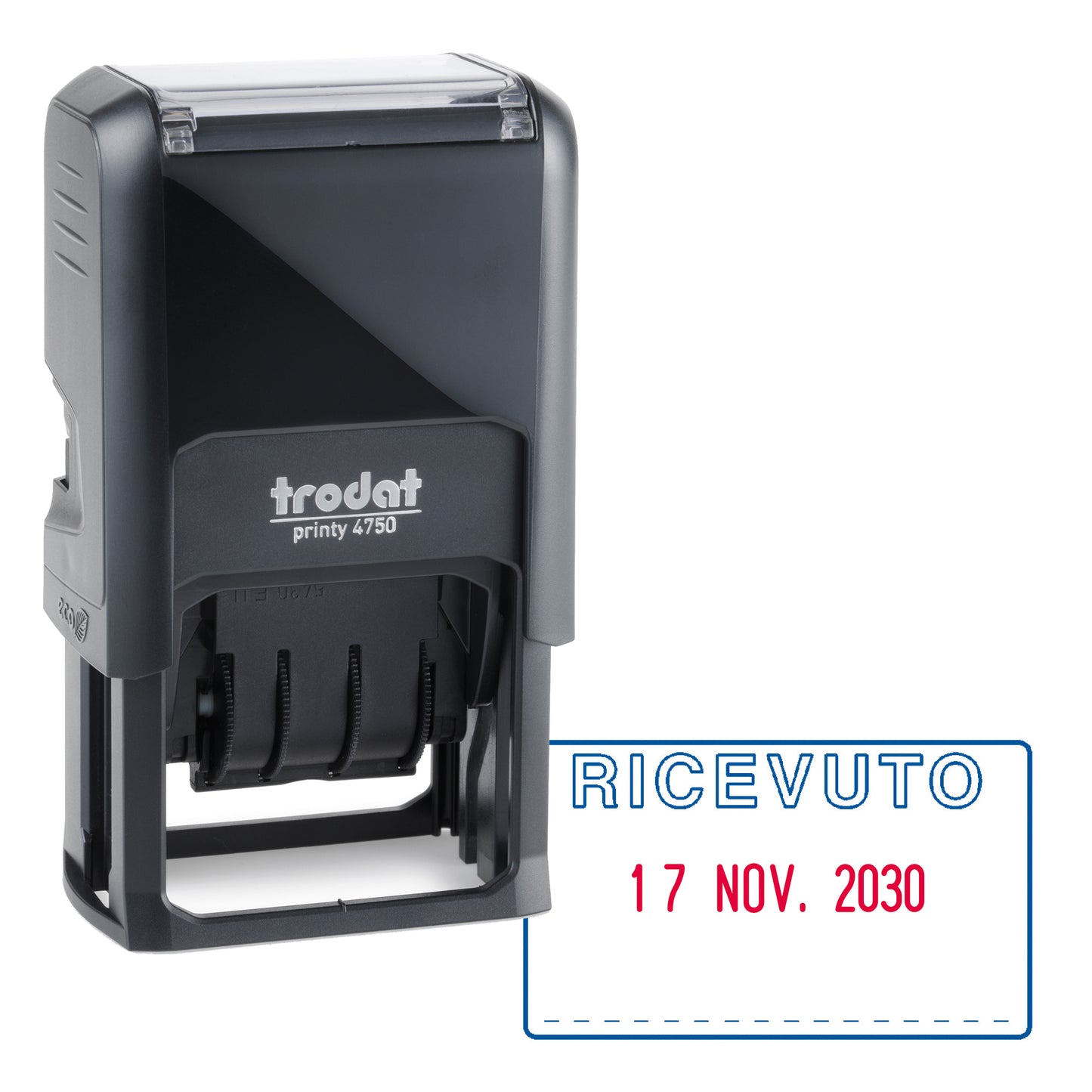 Timbro Printy 4750/L autoinchiostrante - DATA + RICEVUTO - 4,1 x 2,4 cm - 4 mm - bicolore - Trodat