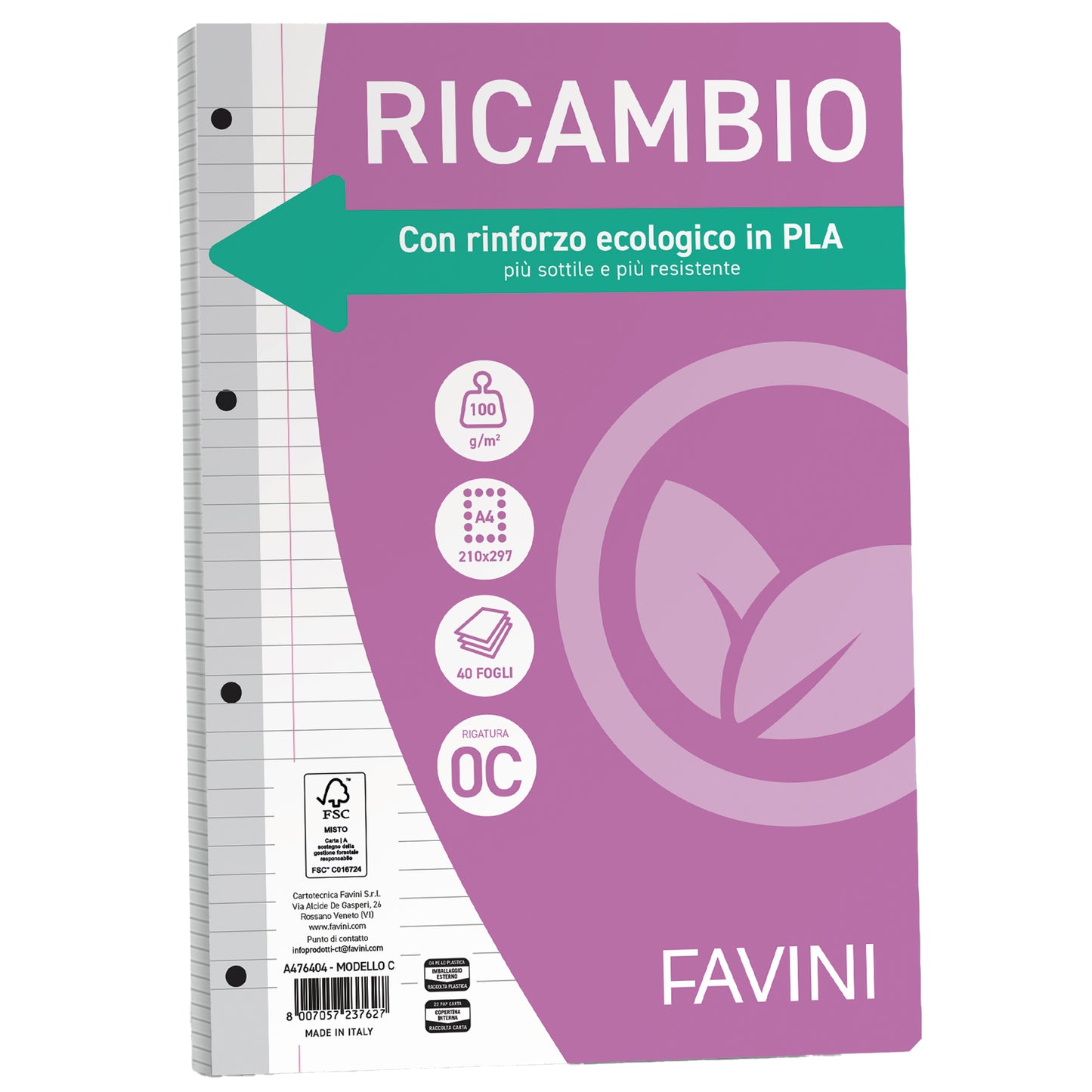 Ricambi forati riforzati ecologico - A4 - 1 rigo c/margine - 100 gr - Favini - conf. 40 pezzi