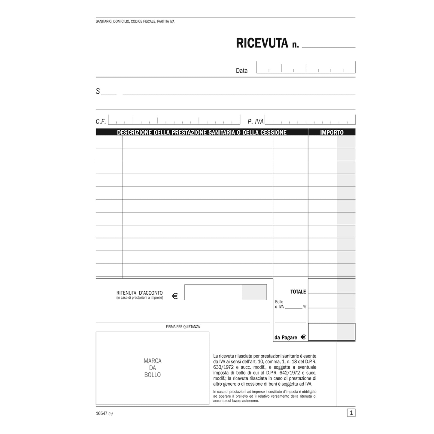 Blocco ricevute sanitarie - 50/2 autoricalcanti - 21,5x14,8cm - DU165470000 - Data Ufficio
