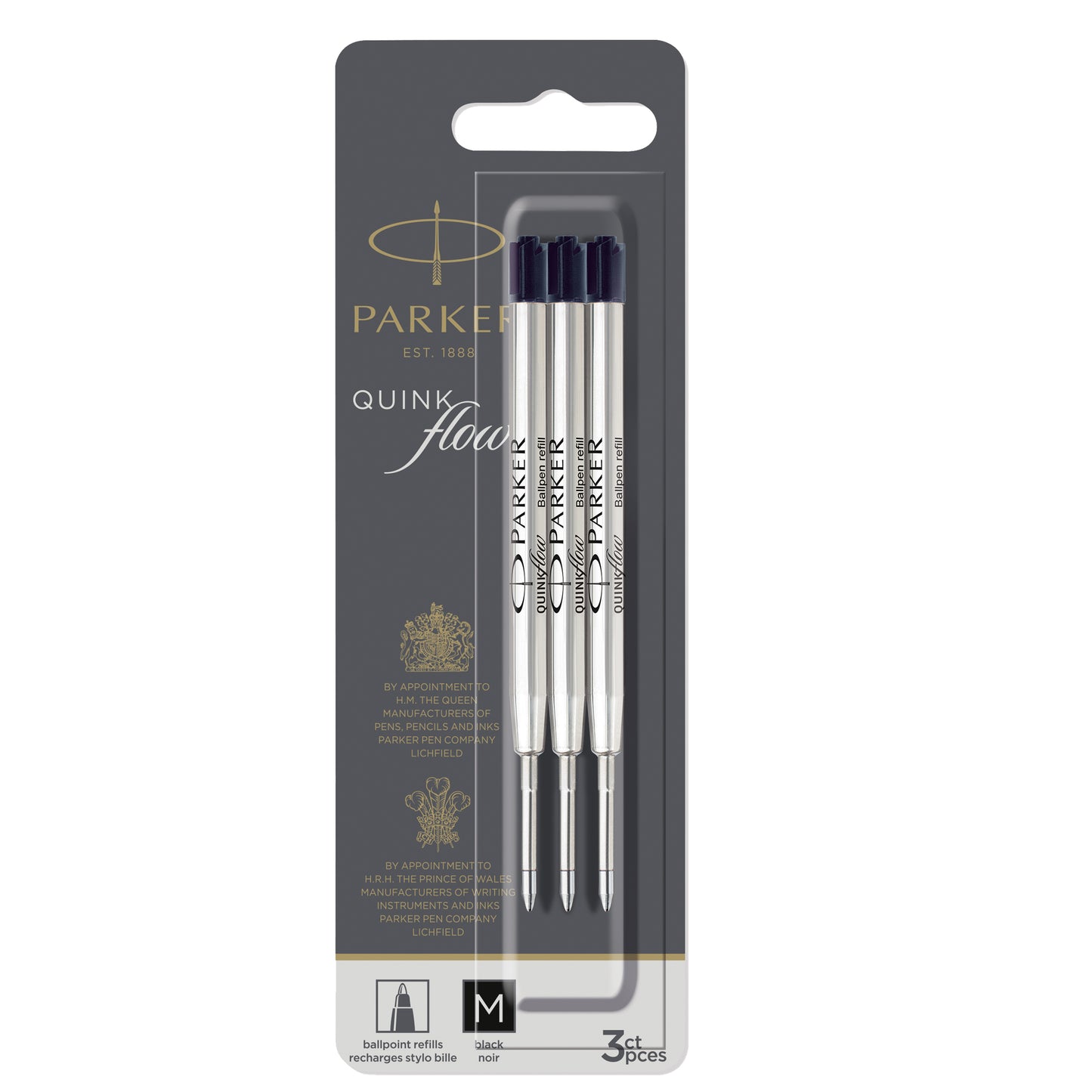 Refill sfera QuinkFlow - punta media - metallo - nero - Parker - blister 3 pezzi