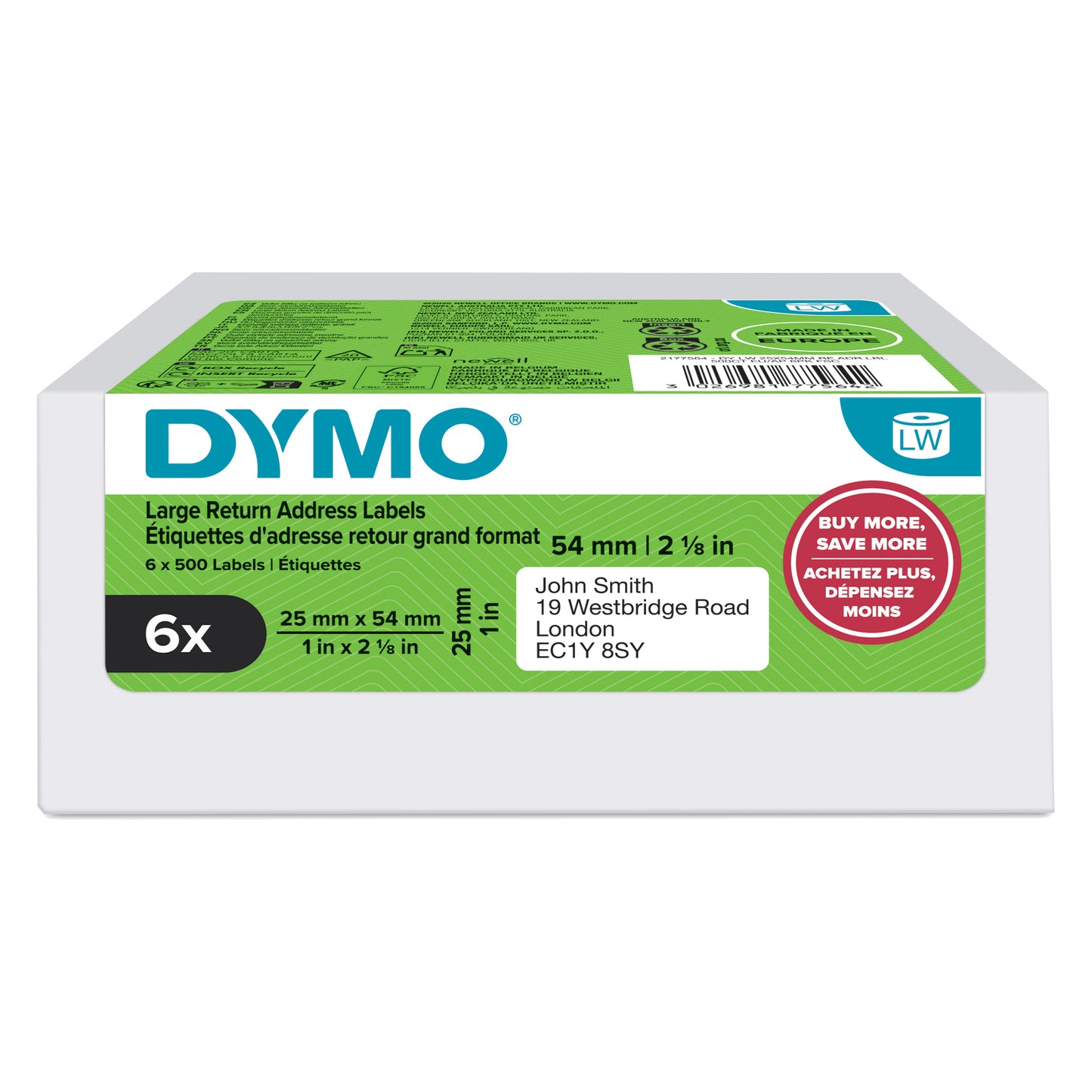 Rotolo 140 etichette LW 2177564 - 25 x 54 mm - carta - removibile - bianco - Dymo - value pack 6 pezzi