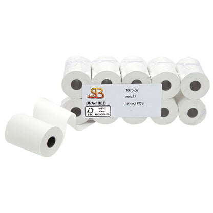 Rotolo per POS e carta di credito - 57 mm x 20 m - 55 gr - diametro esterno 40 mm - anima 12 mm - carta termica BPA free - Sabacart - blister 10 pezzi