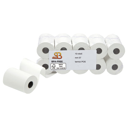 Rotolo per POS e carta di credito - 57 mm x 30 m - 55 gr - diametro esterno 50 mm - anima 12 mm - carta termica BPA free - Sabacart - blister 10 pezzi