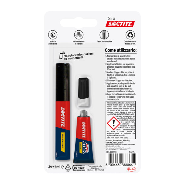 Colla Super Attak - adesivo liquido e attivatore in penna - adatto per incollare plastiche domestiche - 2 gr + 4 ml - trasparente - Loctite - conf. 2 pezzi