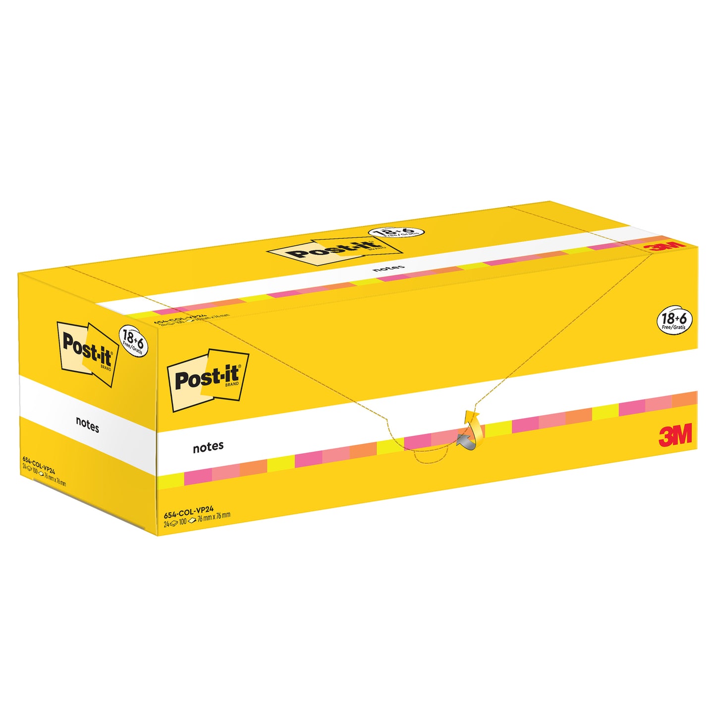 Blocco foglietti Post-it - 654-COL-VP24 - 76  x 76 mm - colori assortiti - 90 fogli - Post-it - conf. 24 blocchi