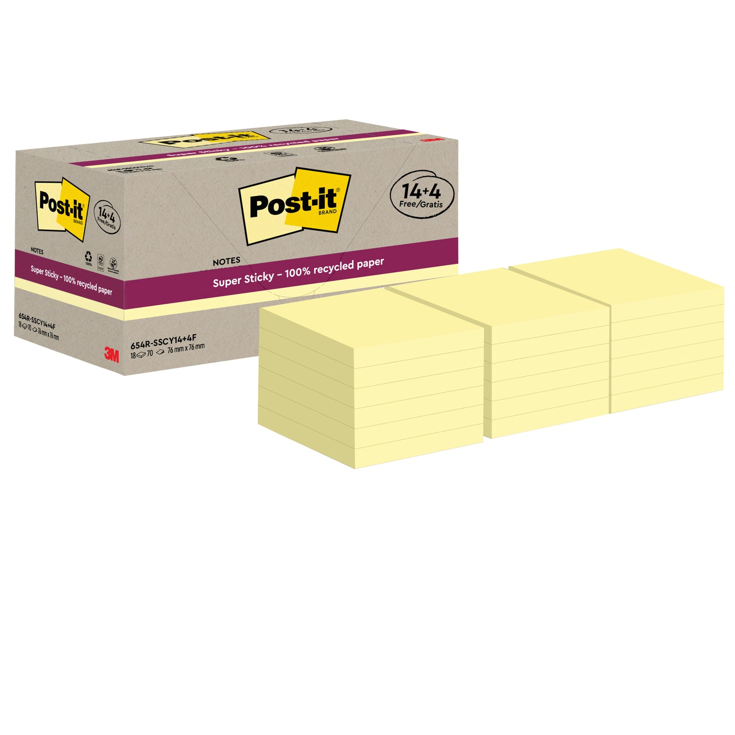 Blocco foglietti Post-it SuperSticky Green - 654R-SSCY14+4 - 76 x 76 mm - carta riciclata - giallo Canary - 70 fogli - Post-it - conf. 18 blocchi