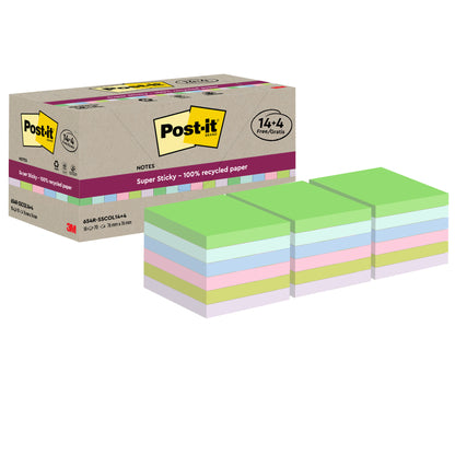 Blocco foglietti Post-it SuperSticky Green - SSCOL14+4 - 76 x 76 mm - carta riciclata - colori pastello assortiti - 70 fogli - Post-it - conf. 18 blocchi