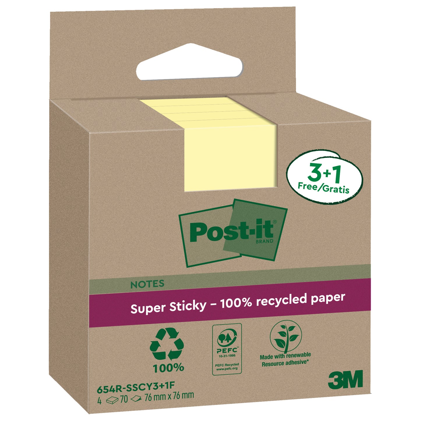 Blocco foglietti Post-it SuperSticky Green - 654R-SSCY3+1 - 76 x 76 mm - carta riciclata - giallo Canary - 70 fogli - Post-it - conf. 4 blocchi