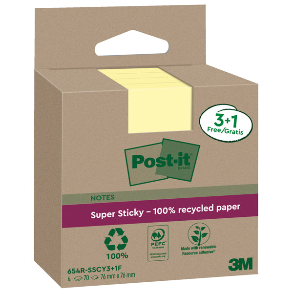 Blocco foglietti Post-it SuperSticky Green - 654R-SSCY3+1 - 76 x 76 mm - carta riciclata - giallo Canary - 70 fogli - Post-it - conf. 4 blocchi
