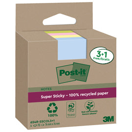 Blocco foglietti Post-it SuperSticky Green - 654R-SSCOL3+1 - 76 x 76 mm -  carta riciclata - colori pastello assortiti - 70 fogli - Post-it - conf. 4 blocchi