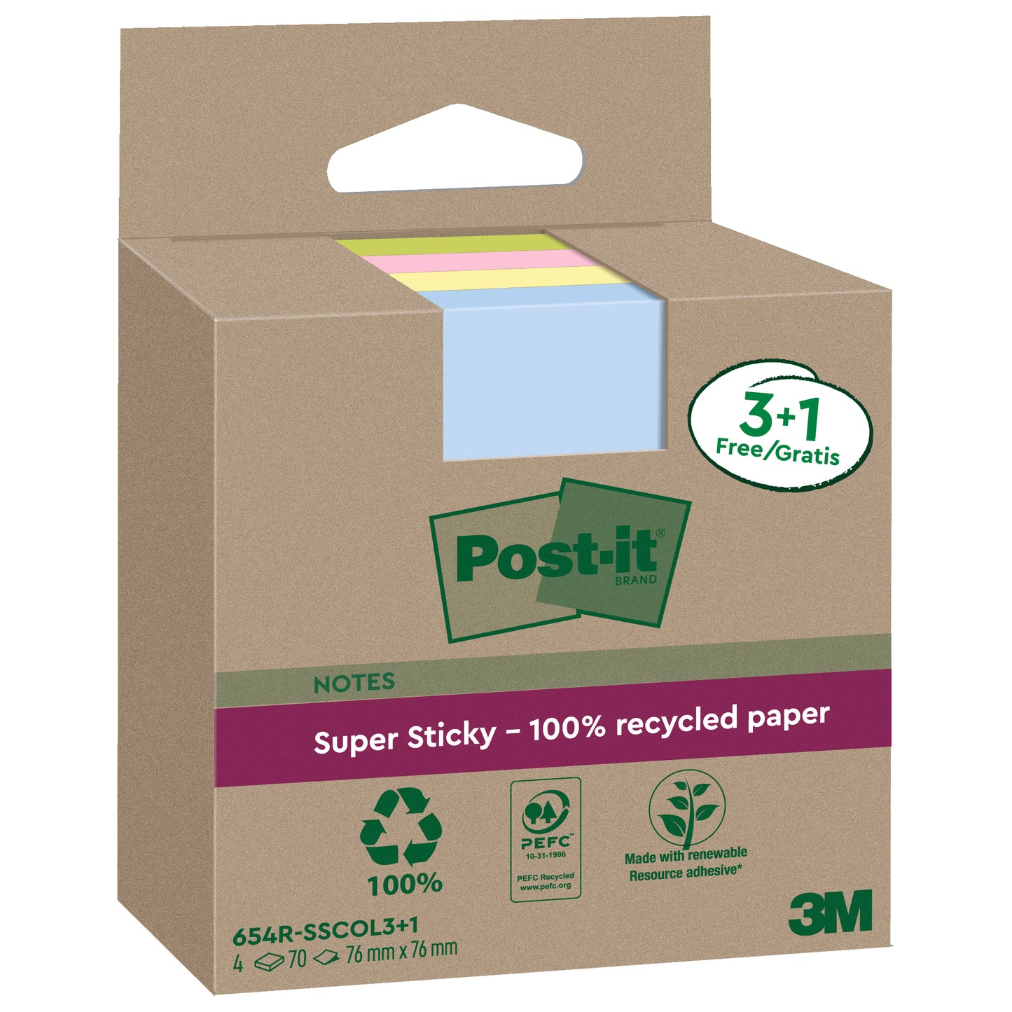Blocco foglietti Post-it SuperSticky Green - 654R-SSCOL3+1 - 76 x 76 mm -  carta riciclata - colori pastello assortiti - 70 fogli - Post-it - conf. 4 blocchi