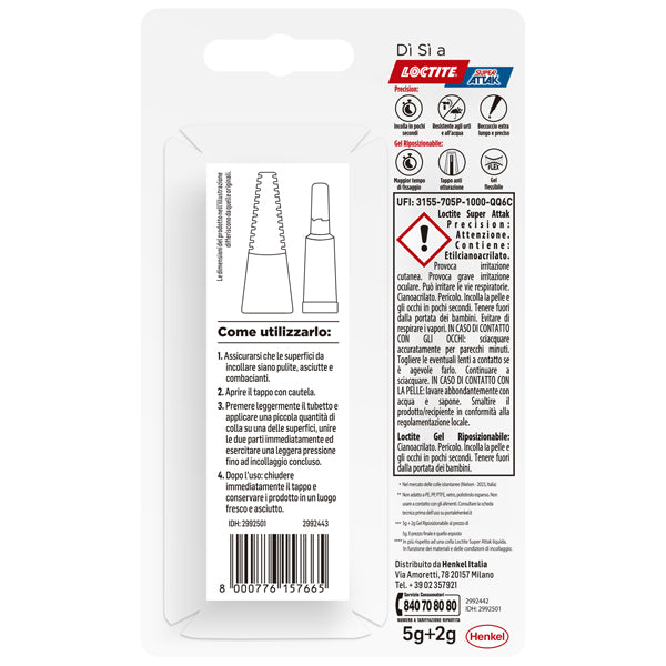 Colla Super Attak Precision - 5 gr + 2 gr - Gel Riposizionabile - Loctite