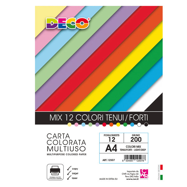 Risma carta - A4 - 200 gr - colori assortiti - 12 fogli - DECO
