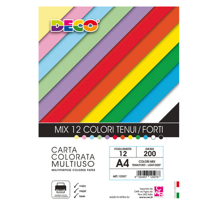 Risma carta - A4 - 200 gr - colori assortiti - 12 fogli - DECO