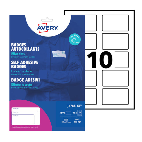 Etichette badge - in seta acetata - inkjet - rimovibili - 80 x 50 mm - 10 et/fg - 15 fogli - bianco - Avery