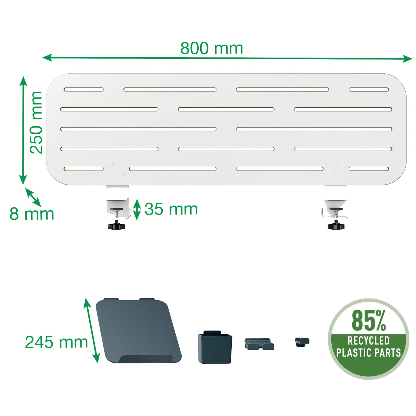 Pannello forato grande - per scrivanie compatte Sit-Stand - con supporto PC/Smartphone, portapenne e gancio - 80 x 25 x 0,8 cm - gri gio chiaro - Leitz