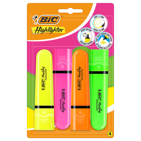 Evidenziatore Flat  - punta a scalpello - tratto da 1,2mm-4,6mm - colori assortiti fluo - Bic - astuccio 4 pezzi