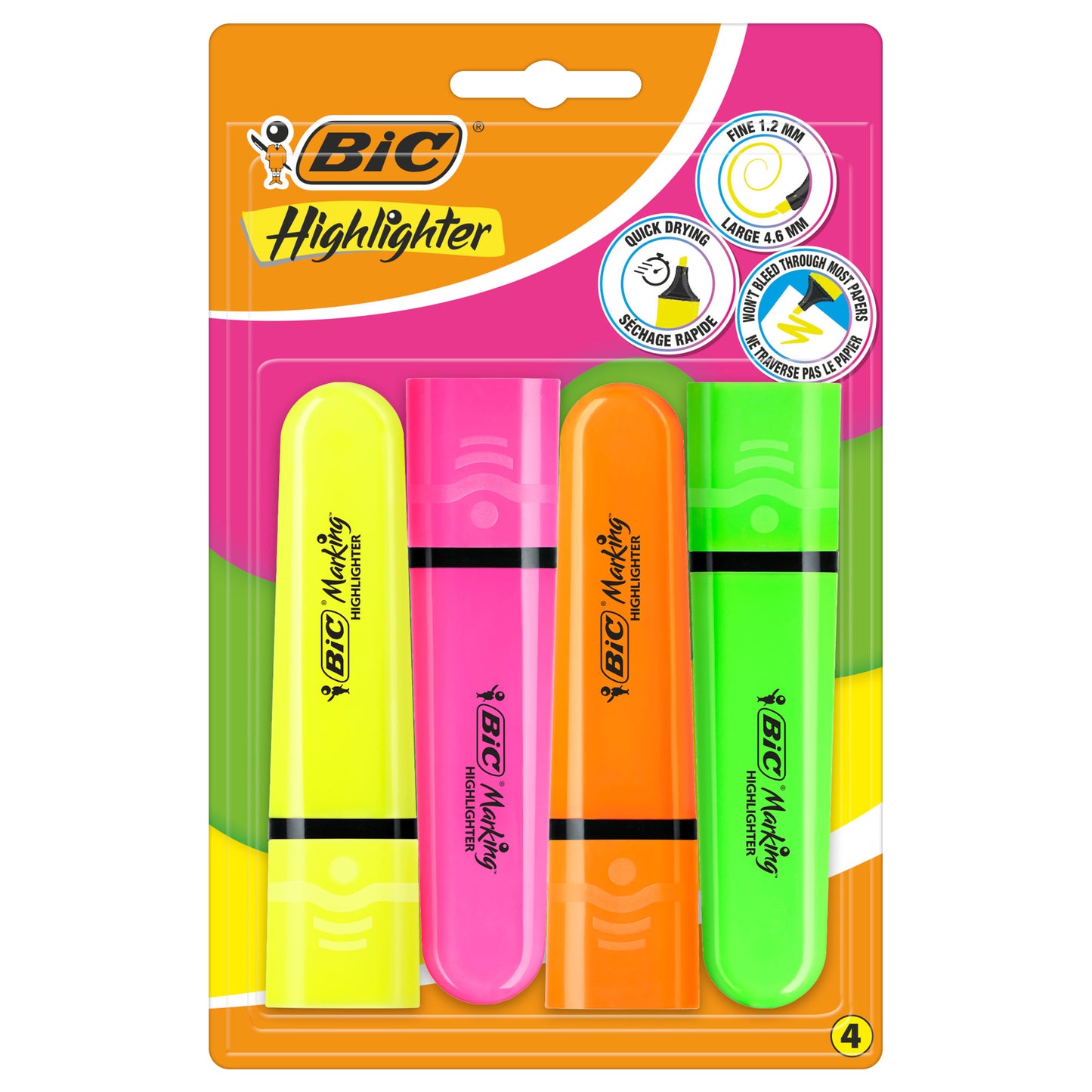 Evidenziatore Flat  - punta a scalpello - tratto da 1,2mm-4,6mm - colori assortiti fluo - Bic - astuccio 4 pezzi