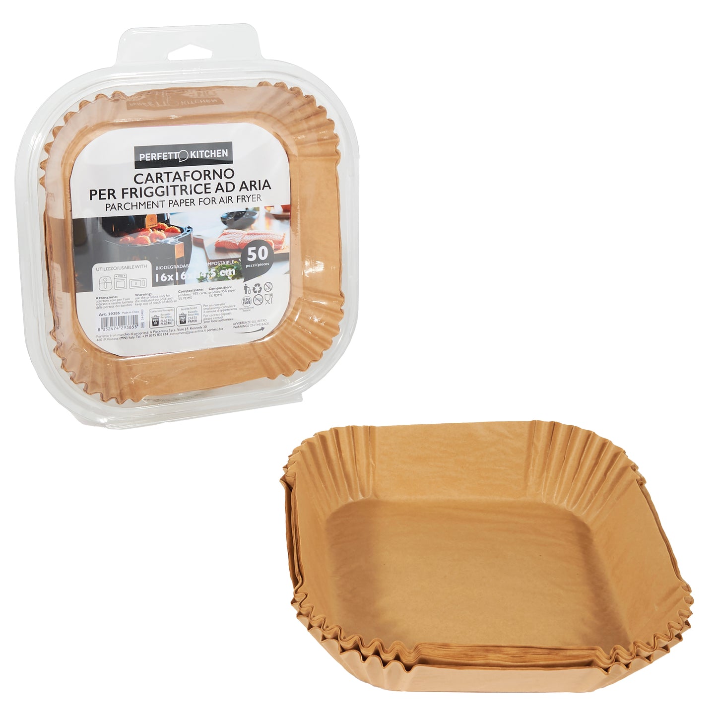Vaschette cartaforno per friggitrice ad aria - in astuccio - 16 x 16 x 4,5 cm - avana - Perfetto Kitchen - conf. 50 pezzi