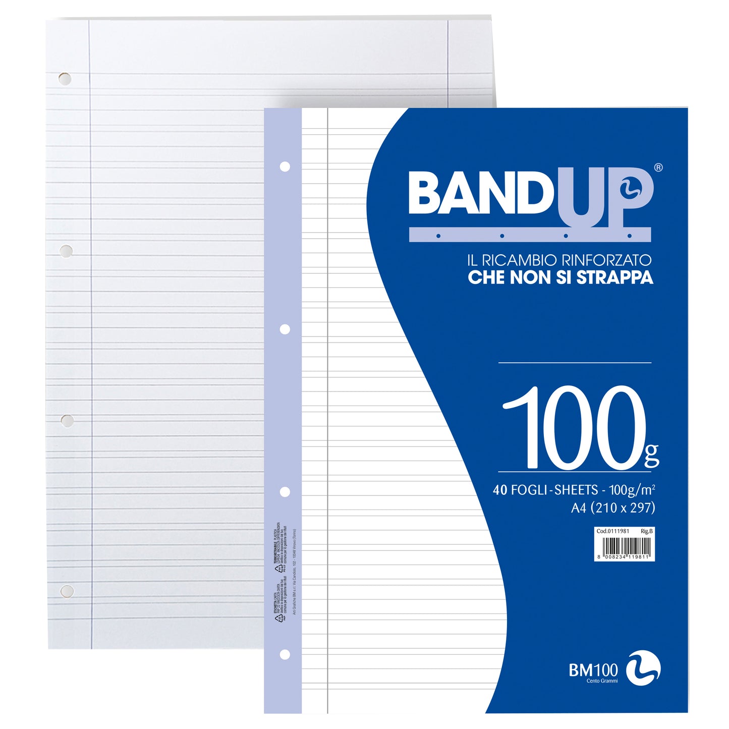 Ricambi BandUP forati rinforzati - A4 - rigo di 3a - 100gr - BM - conf. 40 pezzi