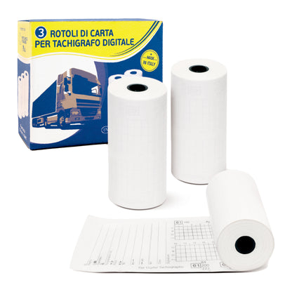 Rotolo per tachigrafo digitale - carta termica BPA free - 57 mm x 8 mt - 75 gr - diametro esterno 27mm - senza anima - Rotolificio P ugliese - confezione 3 pezzi