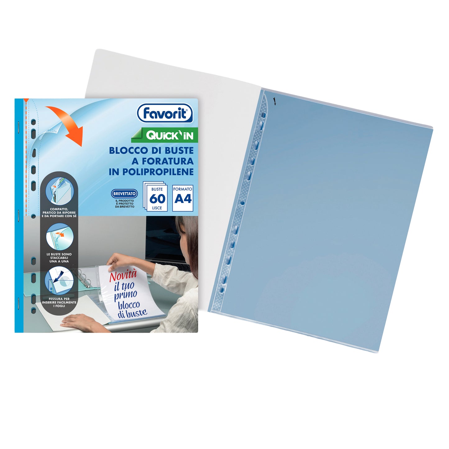 Quick IN blocco buste forate - liscio - A4 - trasparente - Favorit - conf. 60 buste