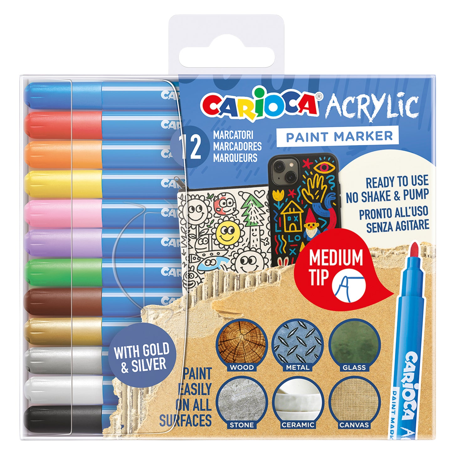 Marcatore Paint Marker acrilico - punta media - colori assortiti - Carioca - conf. 12 pezzi