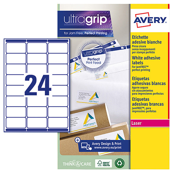 Etichette adesive L7159 - in carta - angoli arrotondati - laser - permanenti - 63,5 x 33,9 mm - 24 et/fg - 15 fogli - bianco - Avery