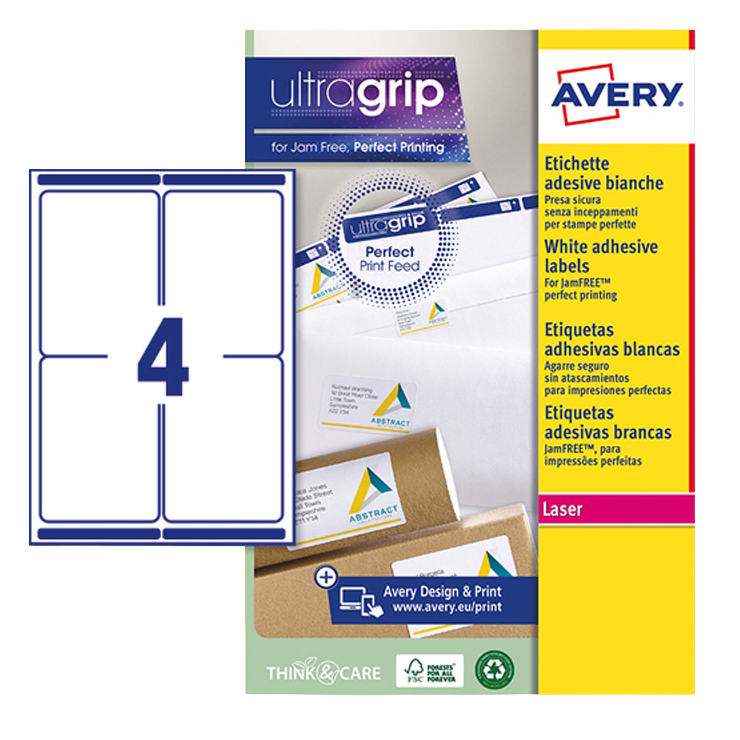 Etichette adesive L7169 - in carta - angoli arrotondati - laser - permanenti - 99,1 x 139 mm - 4 et/fg - 15 fogli - bianco - Avery