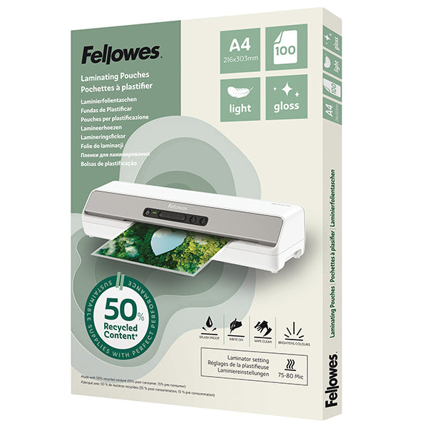 Pouches riciclate - A4 - 2x80 micron - Fellowes - scatola 100 pezzi