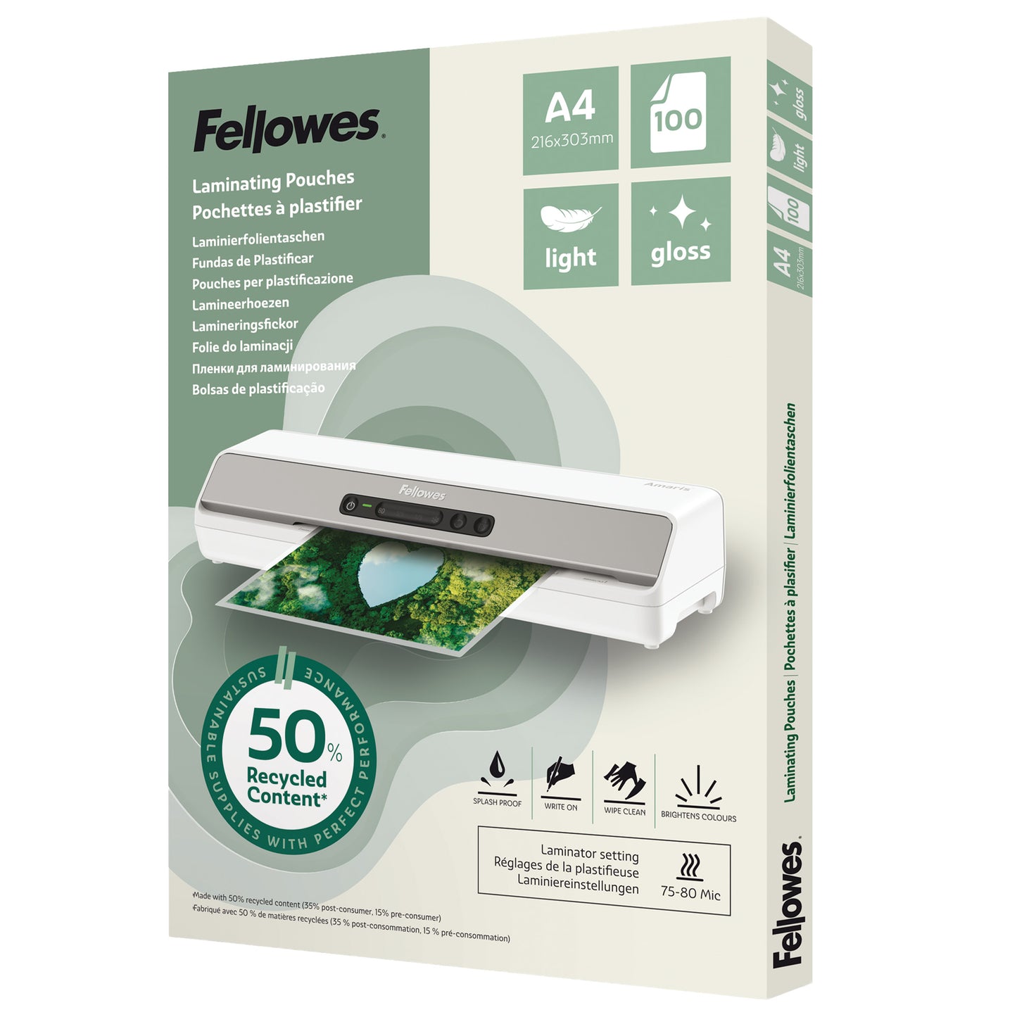 Pouches riciclate - A4 - 2x80 micron - Fellowes - scatola 100 pezzi