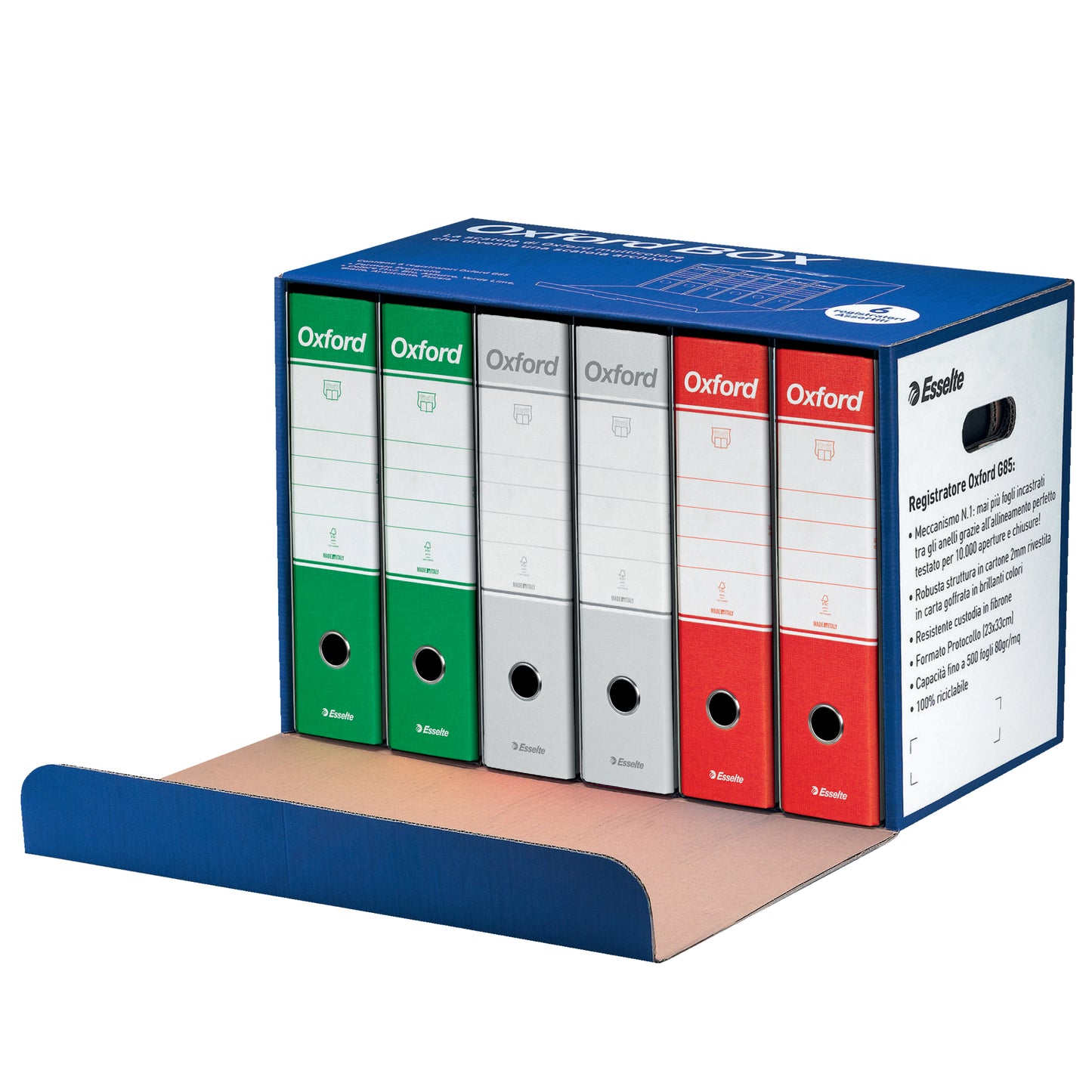 Scatola registratori Oxford box Italia G85 - dorso - 8 cm - protocollo 23 x 33 cm - colori assortiti - Esselte - conf. 6 pezzi