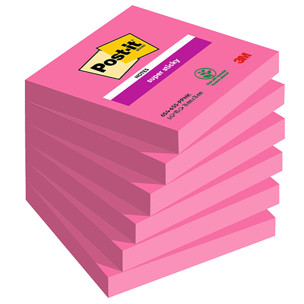 Blocco Post-it Super Sticky - 654-6SS-PPNK - 76 x 76 mm - rosa power - 90 fogli - Post-it - conf. 6 pezzi