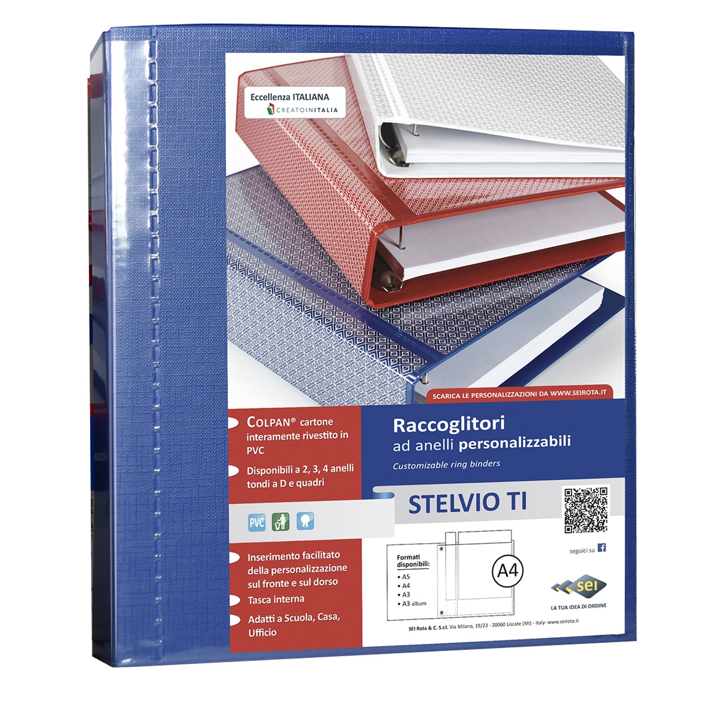 Raccoglitore personalizzabile Stelvio TI - 22 x 30 cm - 4 anelli a D 40 mm - dorso 5,5 cm - blu - Sei Rota