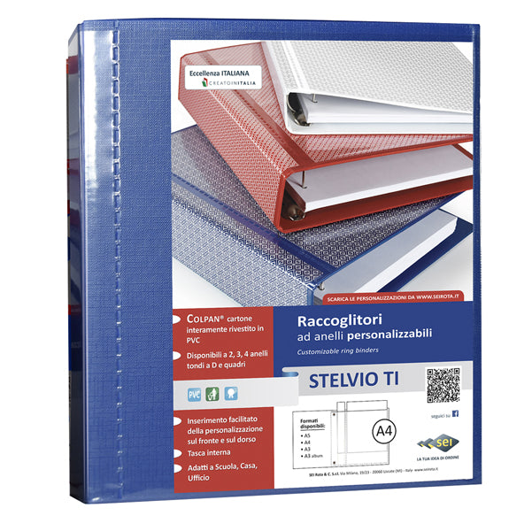 Raccoglitore personalizzabile Stelvio TI - 22 x 30 cm - 4 anelli a D 50 mm - dorso 7,5 cm - blu - Sei Rota