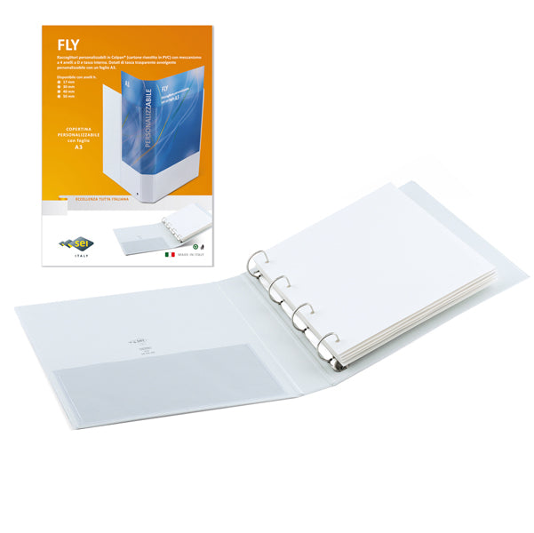 Raccoglitore personalizzabile Fly - 22 x 30 cm - 4 anelli a D 40 mm - dorso 5,5 cm - bianco - Sei Rota
